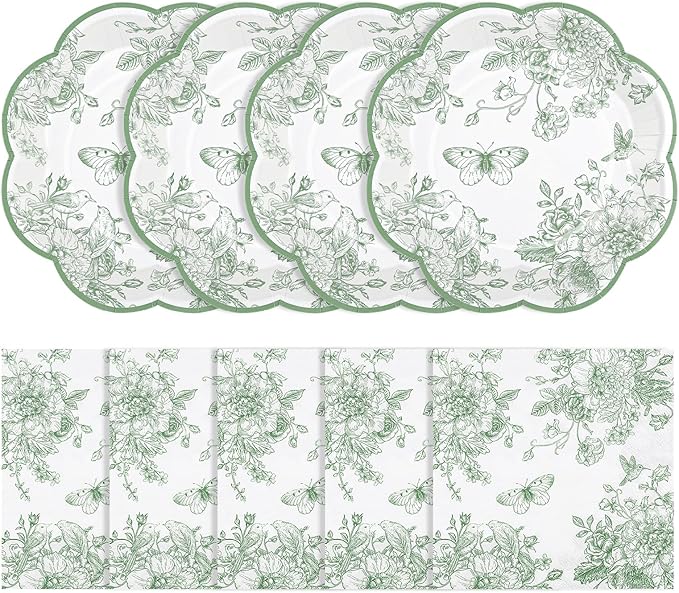 50 Pcs Sage Green Floral Plates and Napkins, Paper Floral Party Supplies | by NatNarr
