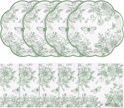 50 Pcs Sage Green Floral Plates and Napkins, Paper Floral Party Supplies | by NatNarr