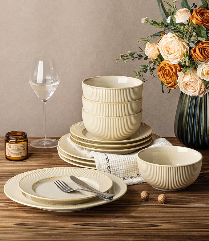 Ceramic Dinnerware Set for 4, 12-Piece Plates and Bowls Set | Lightweight - Image 7