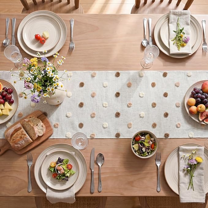 Artoid Mode Beige Coffee Brown Pom Pom Tulle Table Runner, Seasonal Washable - Image 3