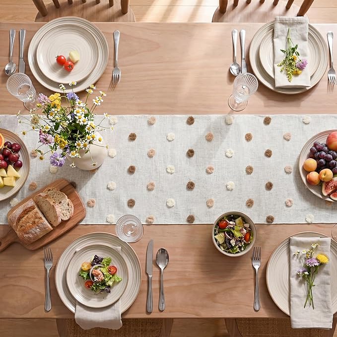 Artoid Mode Beige Coffee Brown Pom Pom Tulle Table Runner, Seasonal Washable - Image 3