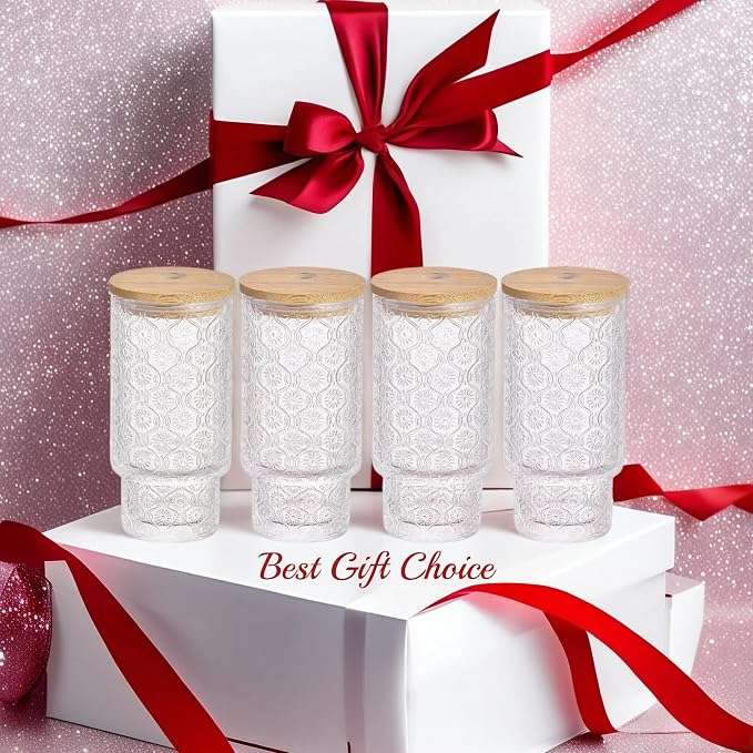Vintage Glass Cups with Bamboo Lids and Straws–4Sets 11oz Iced Coffee Cups - Image 4