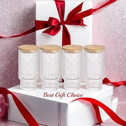 Vintage Glass Cups with Bamboo Lids and Straws–4Sets 11oz Iced Coffee Cups - Image 4