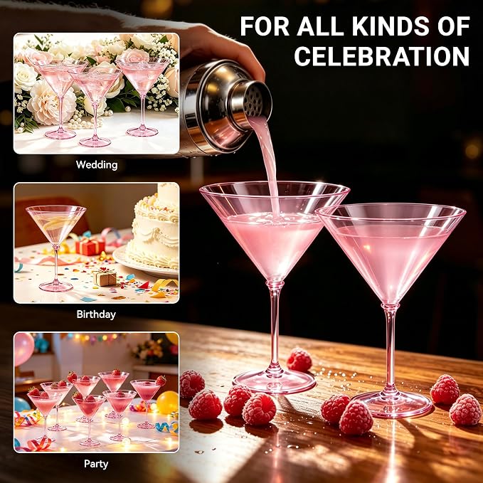 Plastic Martini Glasses Set of 12, 9 oz Pink Cocktail Cups | Unbreakable - Image 7