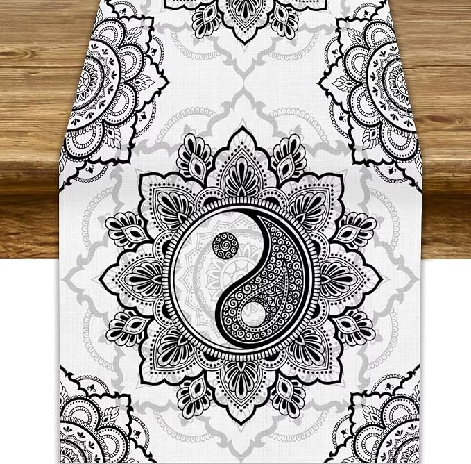 Yin Yang Table Runner, Bohemian Mandala Vintage Black White Traditional by JanJCurt