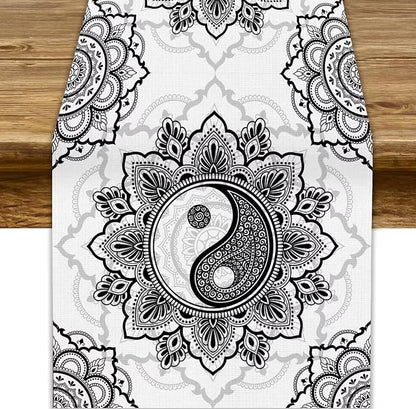 Yin Yang Table Runner, Bohemian Mandala Vintage Black White Traditional by JanJCurt