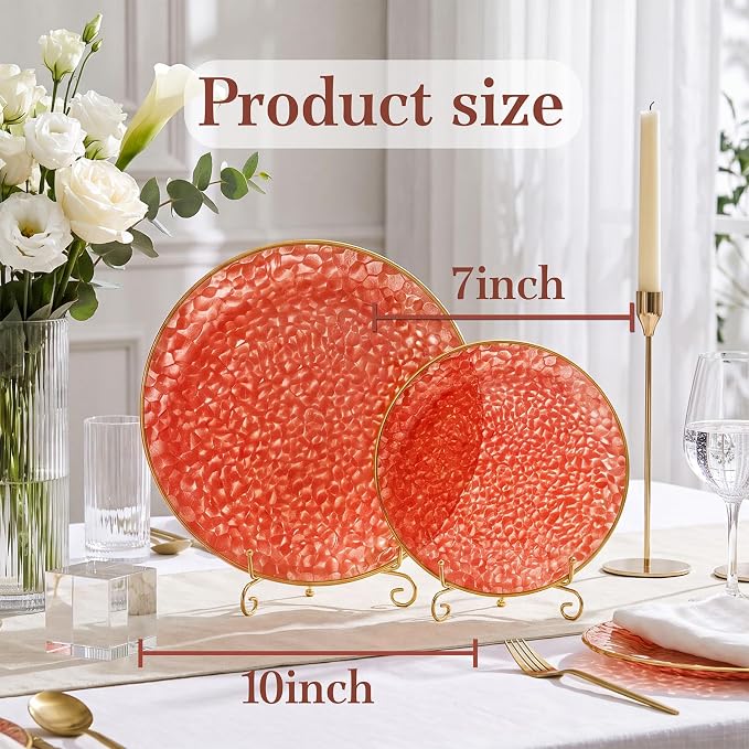 Rubtlamp 60 Pcs Red Plasitc Plates, Fancy Party Plates, Hammered Plastic plates - Image 2