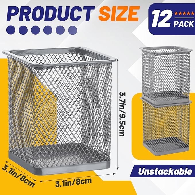 Segarty Pen Cup Holder, 12 Pack Square Silver Pen Holder - Image 2