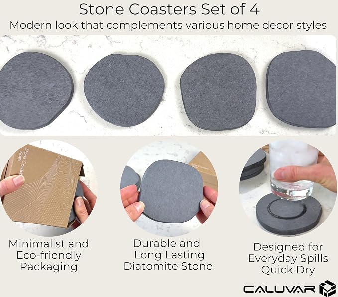 Stone Coasters Slate Set of 4, Absorbent Diatomaceous Earth Coasters - Image 2