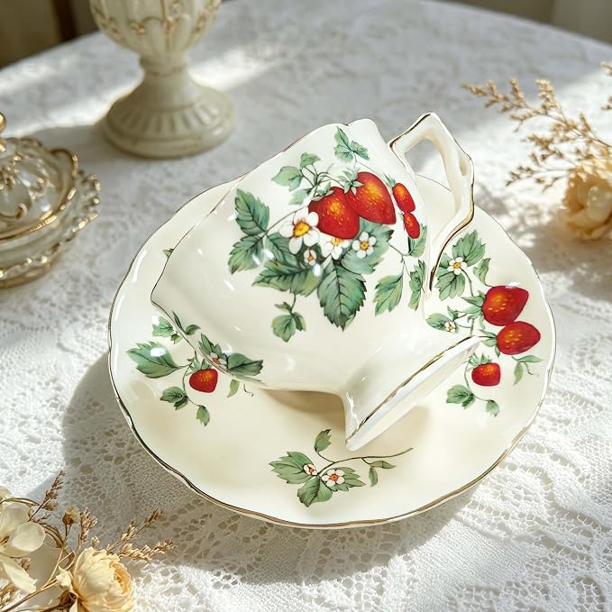 Tea Cups and Saucers Set, Porcelain Coffee Mugs, 8.4 OZ Vintage Coffee Cups - Image 5
