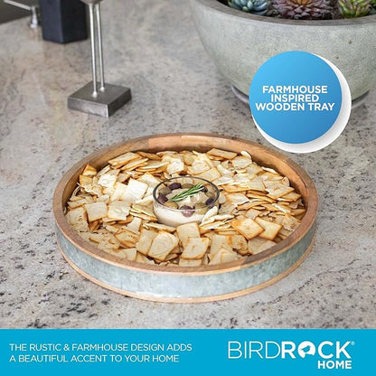 BIRDROCK HOME Wooden & Iron Chip Dip Serving Tray w/Glass Dip Bowl | Extra Large Decorative Kitchen Platter | Salsa, Guacamole, Veggies, Cheese | Decor for Coffee Table, Dining & Living Room - Round