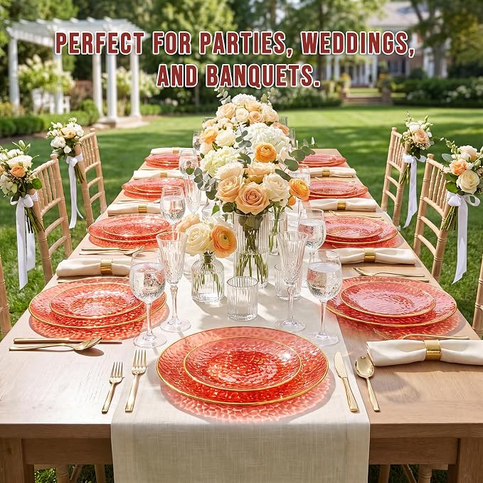 Rubtlamp 60 Pcs Red Plasitc Plates, Fancy Party Plates, Hammered Plastic plates - Image 6