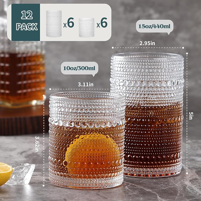 Moretoes Vintage Hobnail Drinking Glasses Set of 12 | 15 Oz Highball Glasses & - Image 3