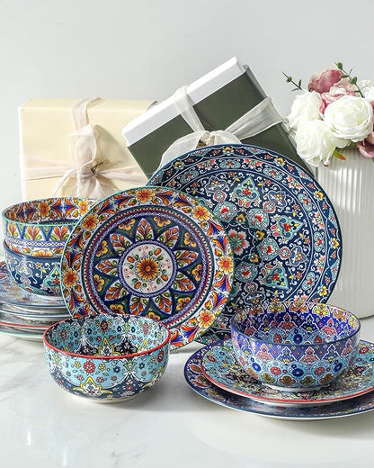 glowworm Dinner Plates, 10.5 Inch Ceramic Plates Set of 6 for Steak, Snacks, Pizza, Cake, Colorful Serving Dishes for Kitchen, Housewarming Gift, Microwave, Oven & Dishwasher Safe, Bohemian