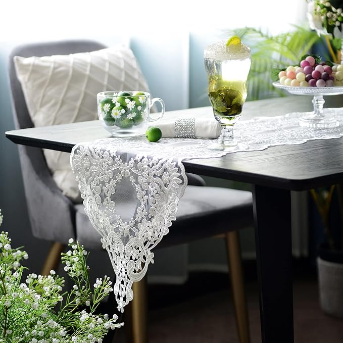 SUTAVIA Lace Patio Table Runner 12"×70" White Embroidered Dresser Scarf | - Image 3