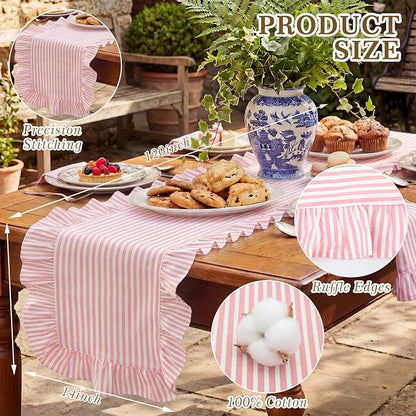 HunnmingRe Ruffle Trim Boho Table Runner Farmhouse Rustic Stripes Scalloped - Image 2