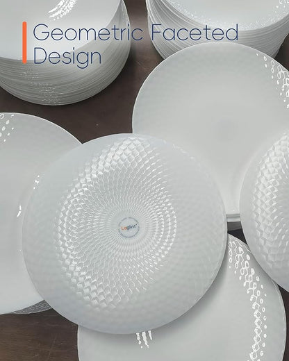 7.5 inch Appetizer Plate Set of 6, Opal Glass Round Geometric Faceted Small White Plates for Salad Dessert, Kitchen, Dishwasher and Microwave Safe