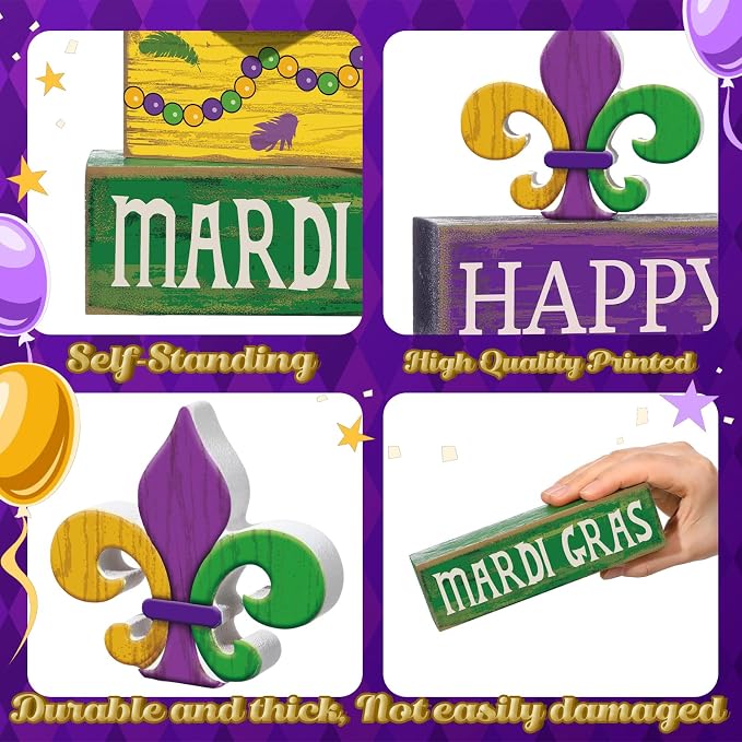 Moucuny 4 Pcs Mardi Gras Decorations Mardi Gras Wooden Sign Carnival Table - Image 5