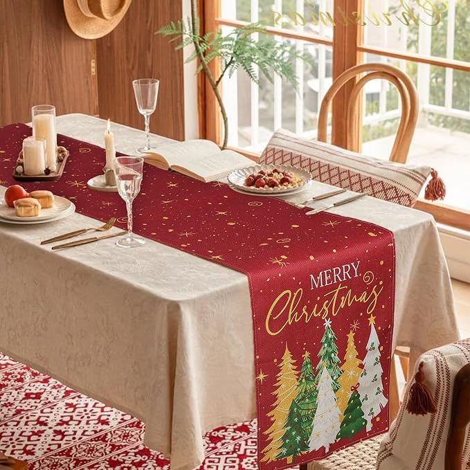 Christmas Table Runner Linen Red Snowflake Winter Table Runners - Image 3