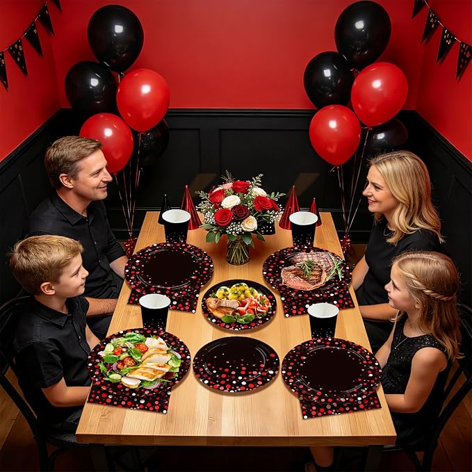 250 Pcs Black and Red Party Decorations, Serves 50 | Red Dot on Black Plates - Image 6