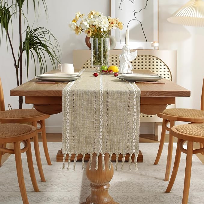 Wracra Rustic Linen Table Runner, Coffee Table Runners 108 inches Long | Raised - Image 6