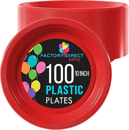 Red Plastic Plates For Party 10" Red Disposable Plates Heavy Duty 100 Pcs Plastic Dinnerware Sets Heavy Duty 350 GSM Disposable Dinnerware Set
