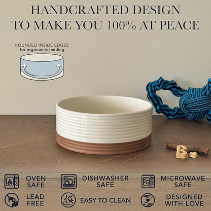 Mora Ceramic Pet Bowl - Large Food/Water Dish for Large Dogs, Cats, Great Dane, Mastiff - 50oz or 8 Cups - Basic Bowls - Vanilla White