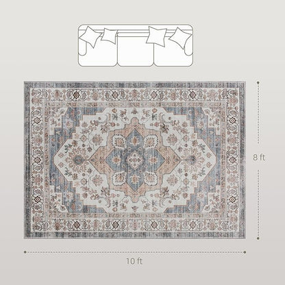 HOMCOM Washable Area Rug, 8'x10' Vintage Indoor Distressed Carpet, Retro Floor Cover Foldable, Floral Print Mat for Living Room, Bedroom, Dining Room, Brown and Light Blue