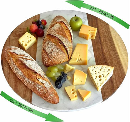 13 Inch Marble and Acacia Wood Lazy Susan – Rotating Serving Tray for Dining Table, Kitchen Island or Coffee Table, Decorative Turntable with Natural Marble Top & Wooden Frame