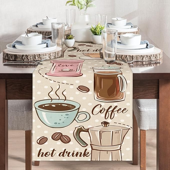 Vintage Coffee Bar Utensil Dining Table Runner, Retro Coffee Bean Hot | Drink - Image 5