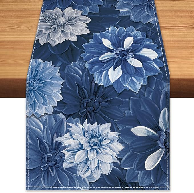 Navy Blue Dahlia Flower Summer Table Runner Blue Gray Burlap Table Runners by BEAUTYROMANCEFORYOURLIFE