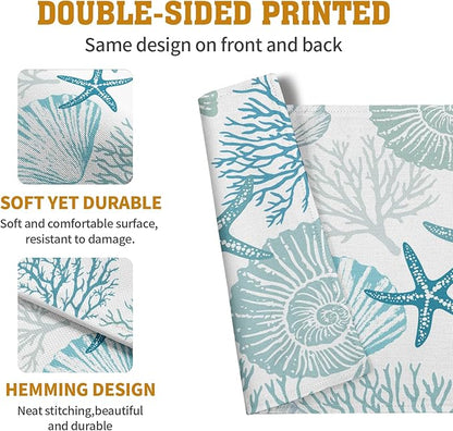 Nautical Coastal Blue Placemats Set of 4 Summer Teal Turquoise Beach Theme Linen Table Mats Ocean Coral Seashell Starfish Decorative Place Mats for Party Kitchen Dining Outdoor Indoor Decor