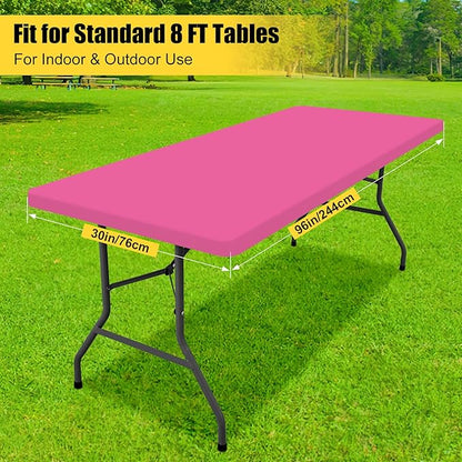 Smiry Rectangle Tablecloth, Elastic Fitted Flannel Backed Vinyl Tablecloths for 8ft Folding Tables, Waterproof Wipeable Table Covers for Indoor, Outdoor, Camping and Picnic (Rose Pink, 30"x96")