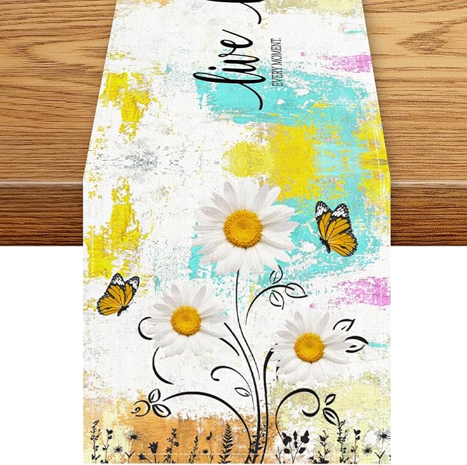 Daisy Floral Table Runner, Rustic Colorful Bright Spring Yellow Daisy Flower by Unknown