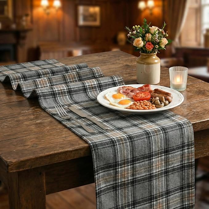 Artoid Mode Grey Brown Farmhouse Plaid Retro Table Runner, Rustic Holiday Check - Image 6