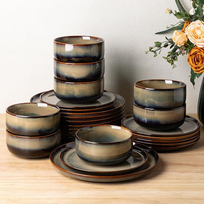 Ceramic Dinnerware Set for 8, 24-Piece Plates and Bowls Set | Handmade Reactive by TheTerra