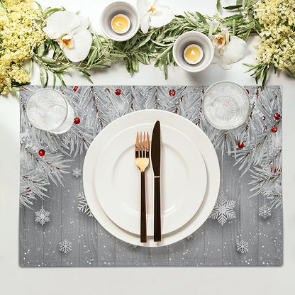 Giwawa Winter Snowflakes Placemats Set of 4 Christmas Silver Snows Xmas Tree Red Berries Linen Table Place Mats Seasonal Non-Slip Heat Resistance 12"x18" for Dining Kitchen Holiday New Year Decor