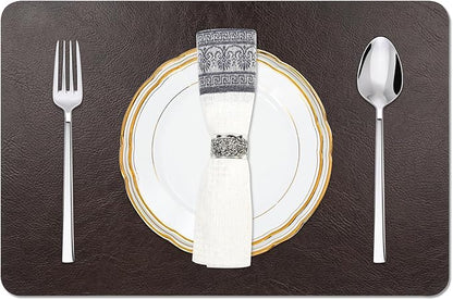 Cowhide Pattern Faux Leather Placemats Set of 4,Heat Resistant Non-Slip Waterproof Wipeable Washable Kitchen Dining PU Table Place Mats,Double-Sides Available,Black Brown