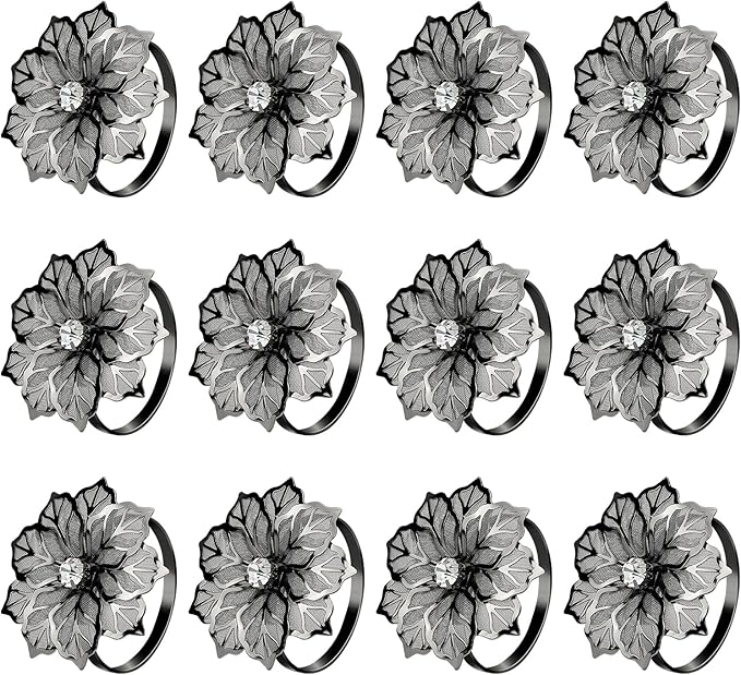 KPOSIYA Flower Napkin Rings Holder Metal Black Napkin Rings Set of 6 for Wedding Party Holiday Banquet Christmas Dinner Delicate Serviette Buckles Decor Favor (6, Black)