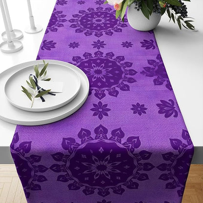 YCness Abstract Flower Mandela Table Runner, Watercolor Purple Geometric Modern by YCness