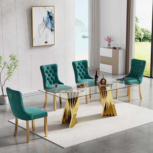 5 Piece Glass Dining Table Set,70" Dinner Room Glass Table Set for 4,Modern Kitchen Dinner Table Set with Stainless Steel Base and 4 Upholstered Velvet Dining Chairs for Living Dining Room
