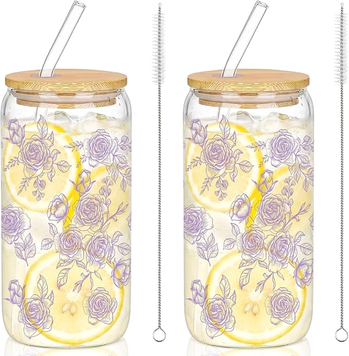 Sliner 2 Pcs Purple Floral Glass Cups Flower Gifts Drinking Glasses 16 oz Iced by Sliner