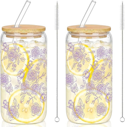 Sliner 2 Pcs Purple Floral Glass Cups Flower Gifts Drinking Glasses 16 oz Iced by Sliner