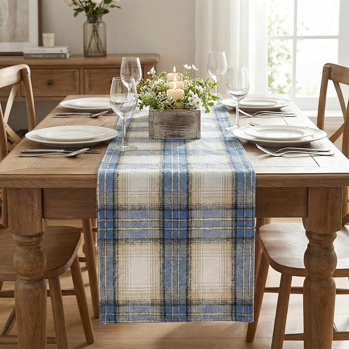 Artoid Mode Blue Light Coffe Farmhouse Plaid Spring Table Runner, Winter Rustic - Image 2