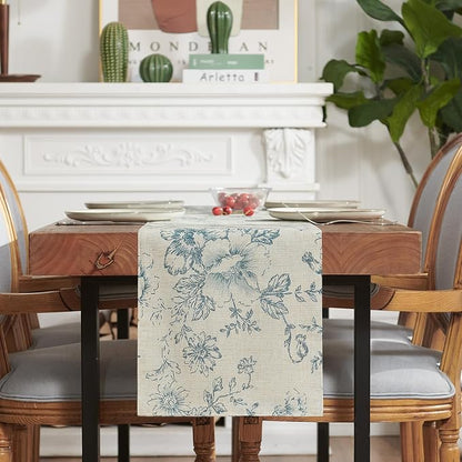 jinchan Blue Floral Linen Table Runner 13 x 90 Inch Farmhouse | Decorative - Image 7