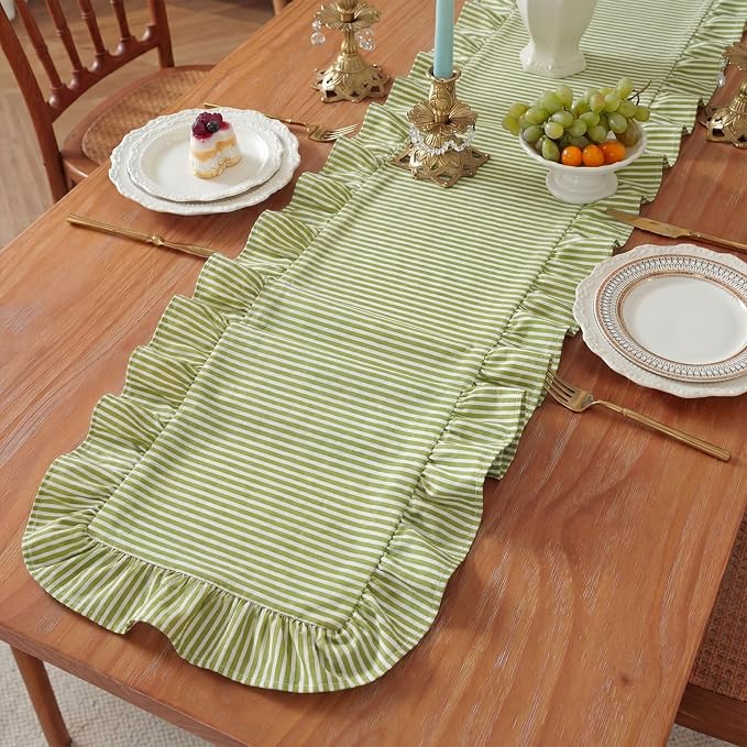 HunnmingRe Ruffle Trim Boho Table Runner Farmhouse Rustic Stripes Scalloped - Image 3