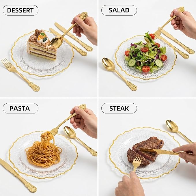 300PCS Gold Plastic Silverware, Vintage Disposable Utensils & Cutlery | 100 - Image 4