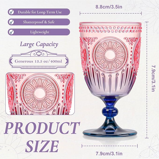 XUWAIDSGN 6Pcs Plastic Vintage Wine Glasses 13.5oz Reusable Embossed Goblet - Image 4