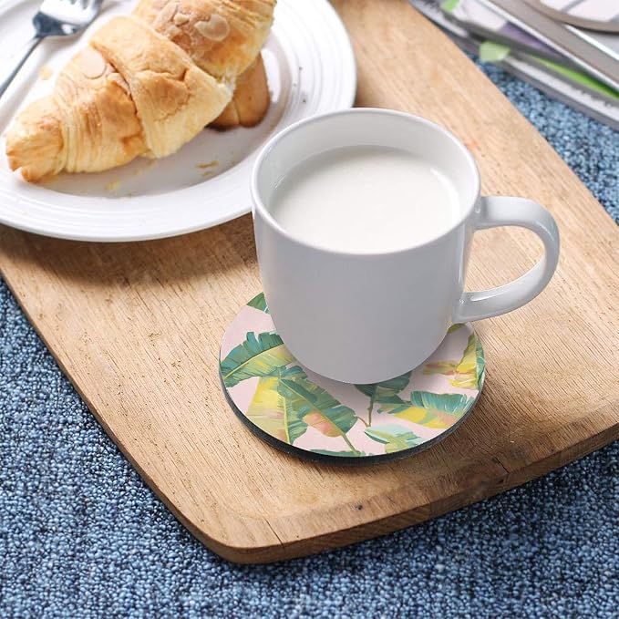 Tropical Banana Leaf Round Coaster 4 Pcs Cork Placemats Hot Pads - Image 5