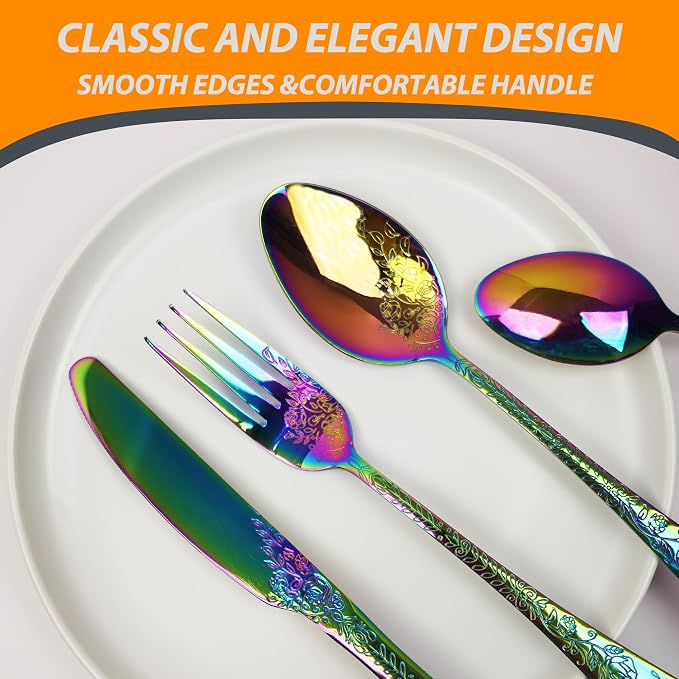 Runfly Modern Carved Floral Rainbow Stainless Steel 20-Piece Flatware Set | - Image 3